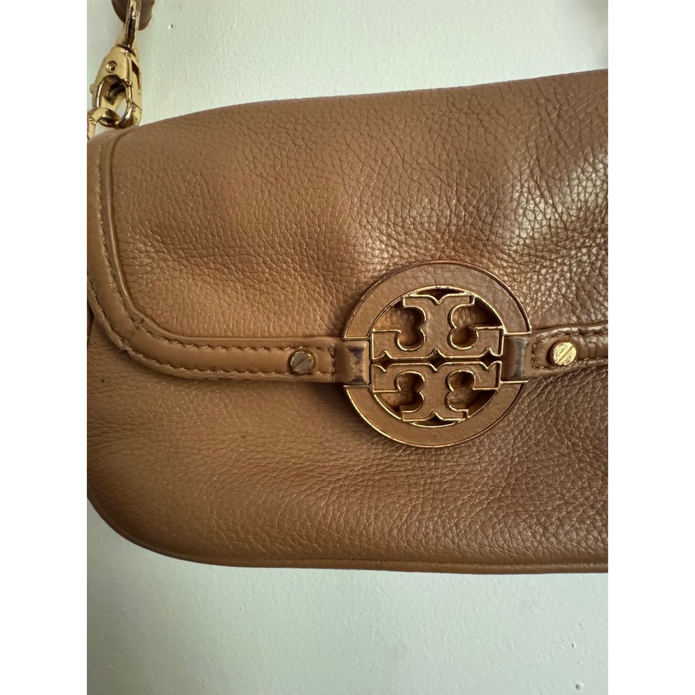 Tory Burch Reva Mini Crossbody Bag Brown Pebbled Leather Gold Logo Tan - Picture 3 of 6